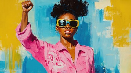 Angry young African American woman in pink pajamas and a sleep mask raising her fist in frustration and expressing her fury in a striking pose Rage and aggression concept