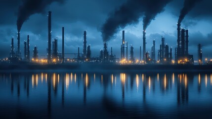 Obraz premium Industrial Refinery at Night with Smoke Stacks and Reflections on Water Under a Cloudy Sky