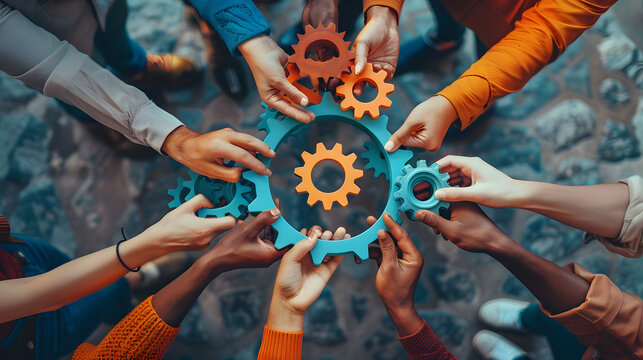 Overhead view on diverse business team people hands holding gear wheels finding working solutions. Power partnership, engineering teamwork, manage team work and company activities