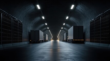 Modern Underground Tunnel with Trucks Parked Under Bright Lights in a Dark Industrial Setting