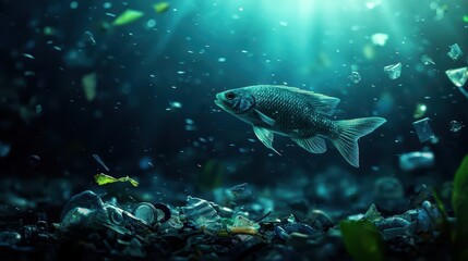 Underwater Pollution: Fish Swimming Amidst Plastic Waste in Ocean Depths Highlighting Environmental Issues