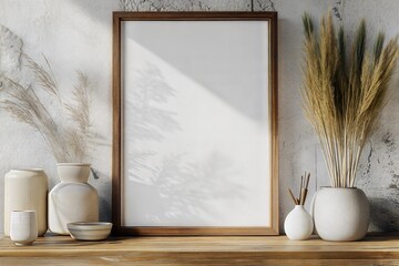 photo Mock up poster frame close up on shelf with decoration, 3d render  