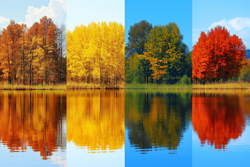 Obraz premium Four Seasons in One Image reflected in a still lake
