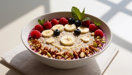 Fun porridge with a smiley face made of fruits.