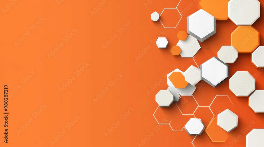 Poster a vibrant orange canvas adorned with dynamic hexagonal shapes, creating an energetic and playful vis