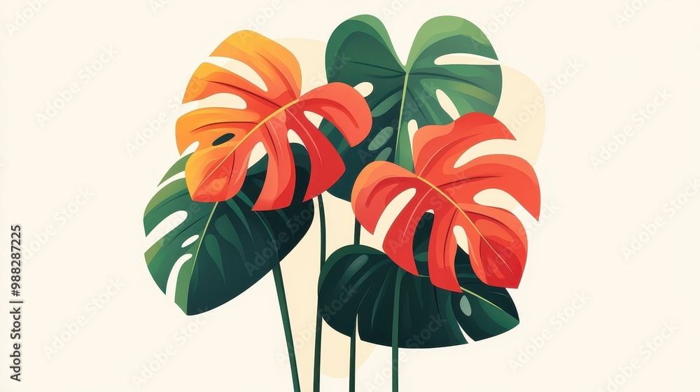 Wall mural Bring life to your space with a vibrant red Monstera deliciosa, showcasing a modern flat design that combines style and charm.