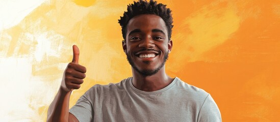 Smiling young African American man in a grey t shirt giving a thumbs up gesture radiating happiness and positivity while looking at the camera celebrating success