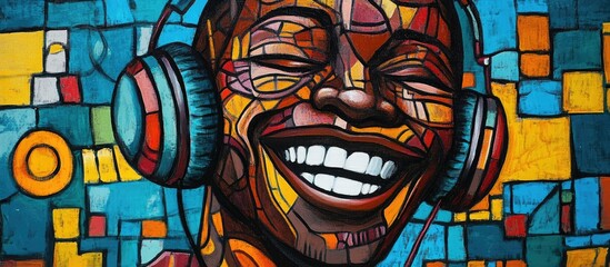 Obraz premium Happy African American man enjoying modern music on the street wearing headphones and experiencing outdoor joy in his daily life