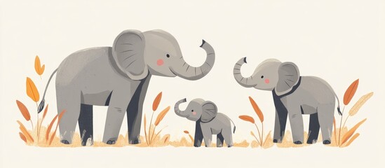 Adorable cartoon illustration featuring a charming elephant family