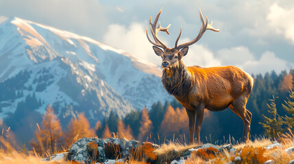 A majestic red deer with impressive antlers stands proudly overlooking an expansive and scenic landscape of rolling hills