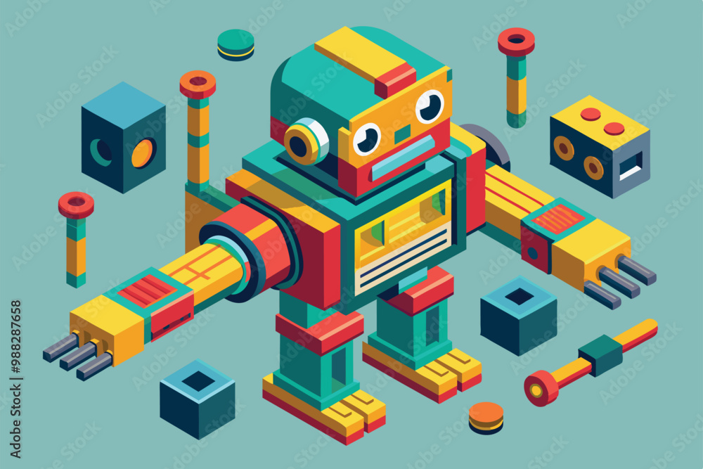 Poster a vibrant, modular robot stands surrounded by colorful geometric components ready for customization 