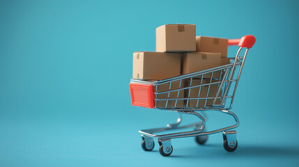 The cart on wheels is filled with cardboard boxes. Blue background, empty space for text on the left.