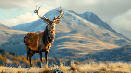 Fototapeta premium A majestic red deer with impressive antlers stands proudly overlooking an expansive and scenic landscape of rolling hills