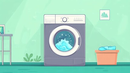 Enjoy a fun, colorful animation featuring a lively washing machine and dryer playfully spinning clothes around.