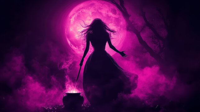 Witch Casting Glowing Spells in a Dark Forest on Halloween Night.