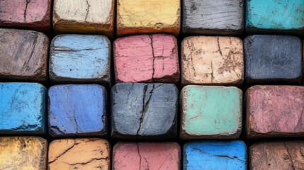 Fototapeta premium Colorful chalk pieces arranged neatly, showcasing vibrant hues and textures. Perfect for educational themes or artistic projects.