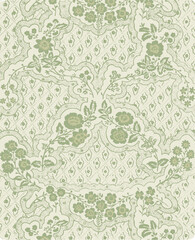 Vintage floral wallpaper in green and white with intricate details. perfect for textile print, decorative use.