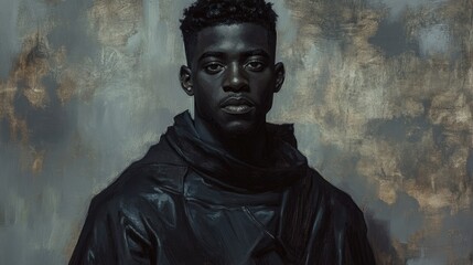 Obraz premium Stylish portrait of an African American man dressed in dark leather and sporty attire while wearing a poncho set against a gray and dark backdrop