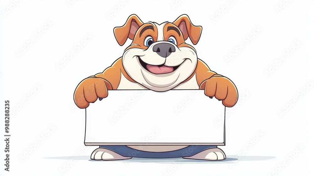 Wall mural A cheerful cartoon bulldog with a vibrant coat holds a blank sign, perfect for fun projects and creative designs.