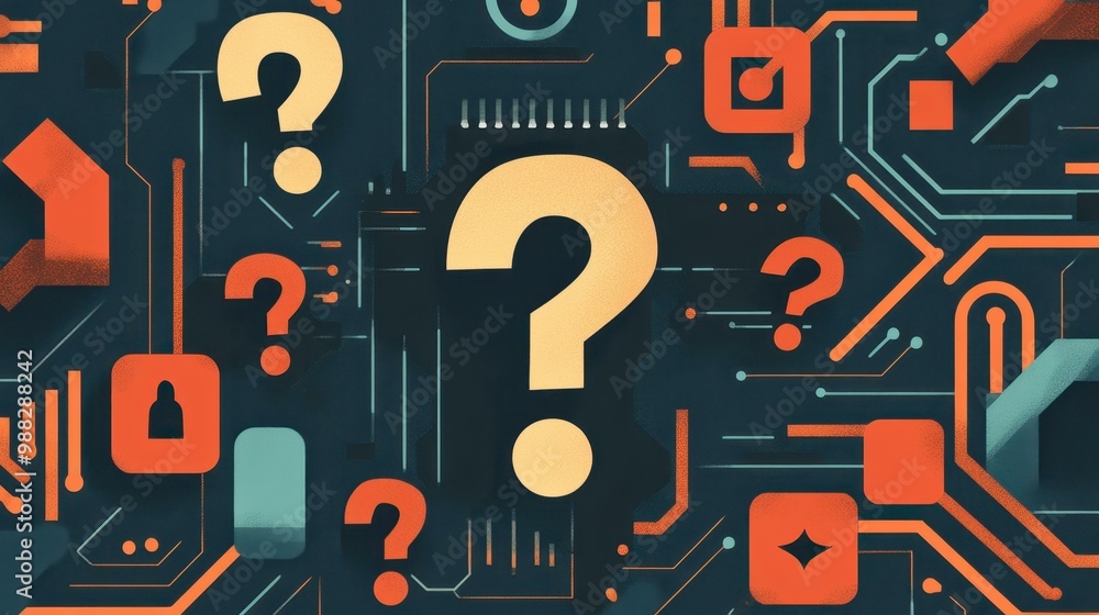 Poster explore a colorful circuit board design rich with playful textures, intriguing question marks, and a