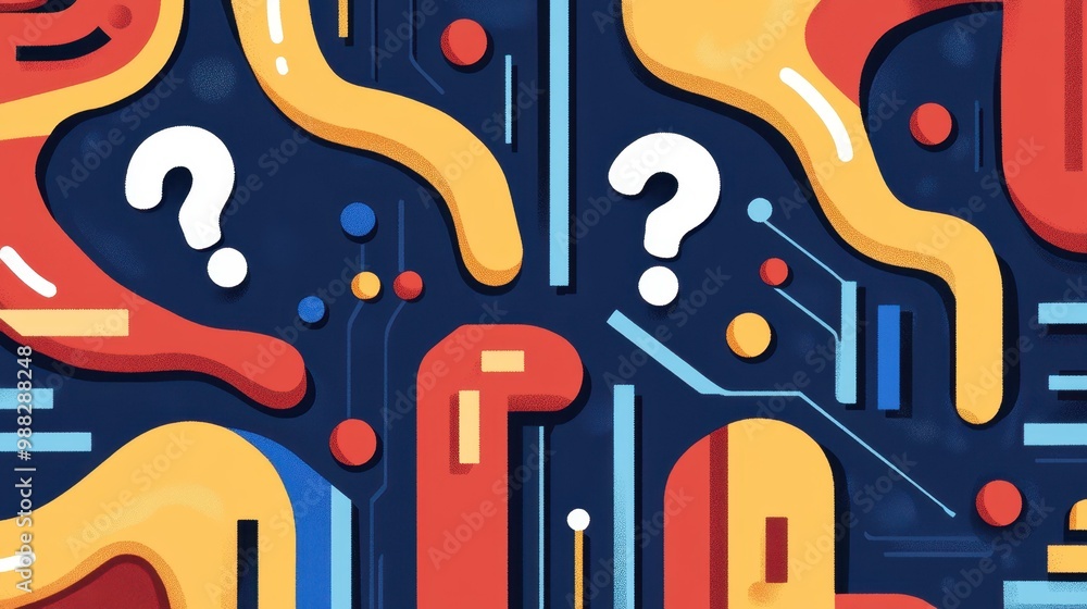Poster explore a colorful circuit board design rich with playful textures, intriguing question marks, and a