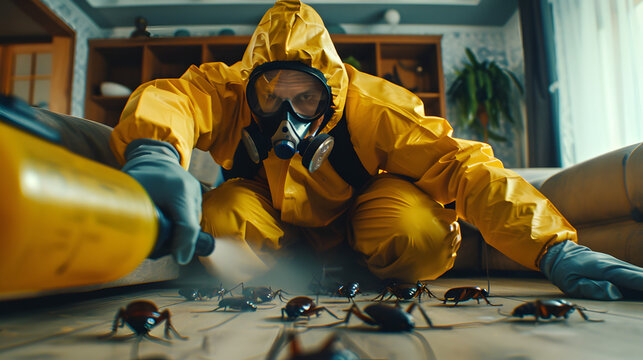 Pest control exterminating roaches inside the house. Professional exterminator in protective suit spraying insecticide from yellow sprayer bottle over cockroaches crawling on floor
