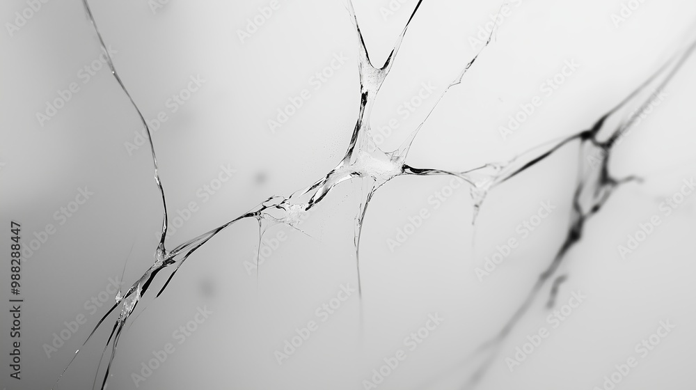 Poster close-up view of intricate cracks on a glass surface illuminated by soft light, showcasing delicate 