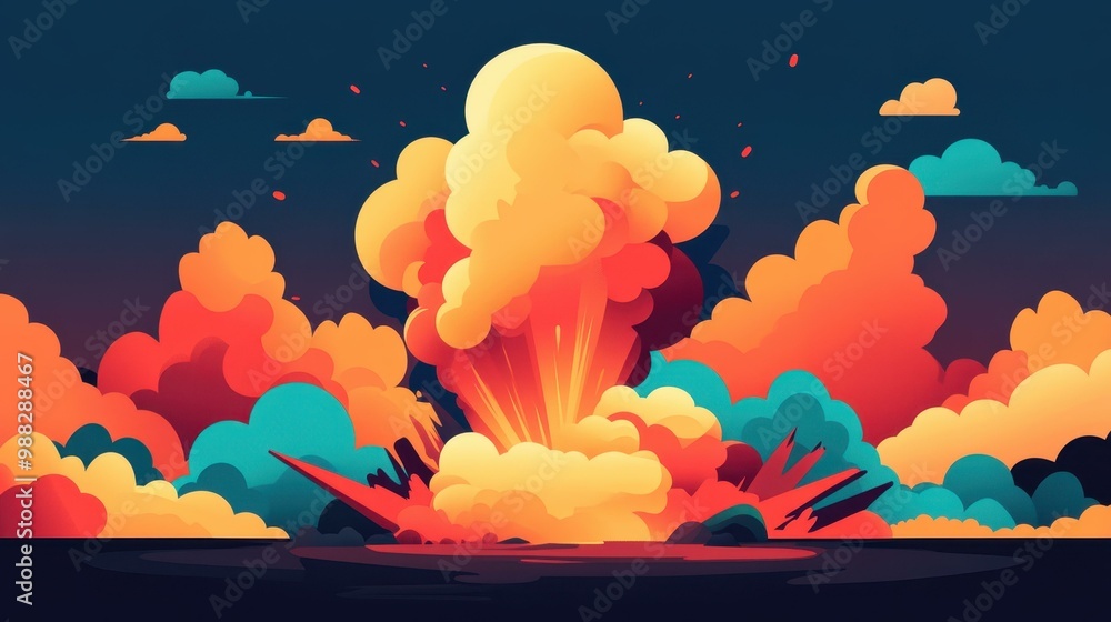 Poster vibrant lava explosion design, fusing flat art with playful textures, ideal for sparking creativity 