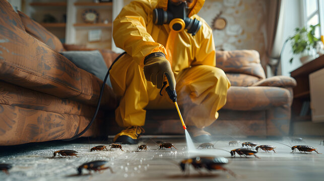 Pest control exterminating roaches inside the house. Professional exterminator in protective suit spraying insecticide from yellow sprayer bottle over cockroaches crawling on floor