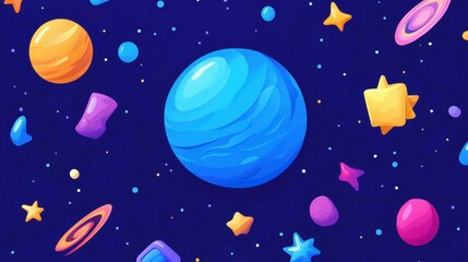 Explore a vibrant blue planet filled with charming icons, brought to life in a sleek, modern cartoonstyle illustration.
