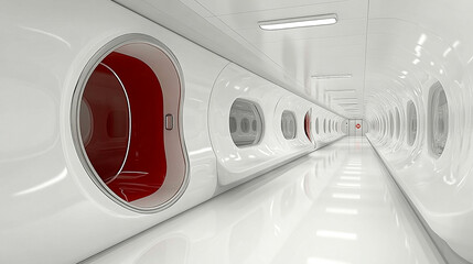 Obraz premium Futuristic capsule hotel interior featuring sleek white walls and cozy red pods, ideal for modern travel and accommodation.