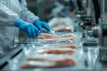 Meat Packaging Process in Food Factory  Worker in Gloves
