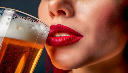Primer plano de labios bebiendo y saboreando una cerveza servida en copa de vidrio. Beber, alcohol, fiesta, degustaci&oacute;n
