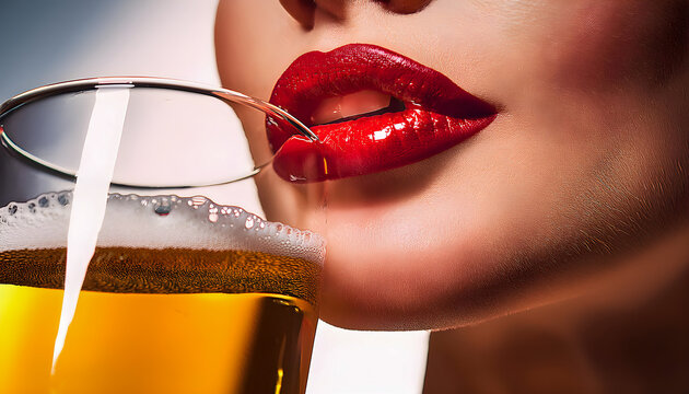 Primer plano de labios bebiendo y saboreando una cerveza servida en copa de vidrio. Beber, alcohol, fiesta, degustaci&oacute;n
