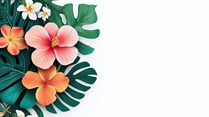 Fototapeta premium Tropical Floral Background with Hibiscus and Monstera Leaves on White Backdrop
