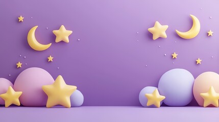 Whimsical Night Sky with Stars and Moons on Pastel Purple Background - 3D Rendered Illustration