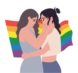 Homosexual female LGBT couple standing and hugging each other.