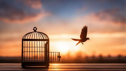 Bird flying out of cage against sunset background. Freedom concept.