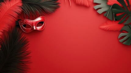 Elegant Red Venetian Mask with Tropical Leaves on Red Background - Festive and Mysterious