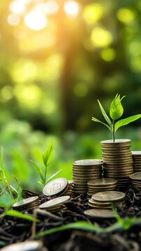 A stack of coins surrounded by green plants symbolizes growth and sustainability in a natural setting.