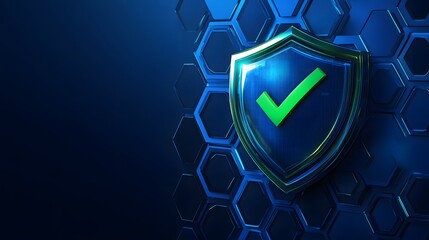 
Protection. Healthcare. Insurance. Cyber security. Network safety. Protection shield with green Check mark icon inside transparent sphere shield with hexagon pattern on blue background. Vector illust