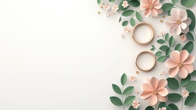 Elegant Wedding Invitation Background with Floral Design and Gold Rings on White
