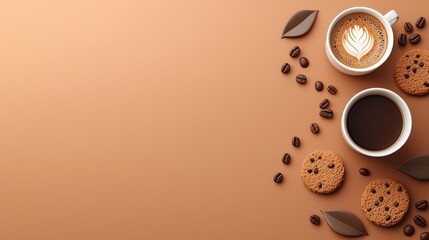 Obraz premium Top View of Coffee Cups and Cookies on a Brown Background with Coffee Beans and Leaves