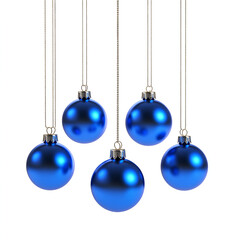 five blue christmas balls hanging on ribbon, isolated on white background ,Christmas Ornaments isolated on a white background