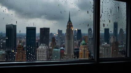 Through the foggy glass of a rain-streaked window, a solitary raindrop clings to the pane, distorting the view of a bustling city beyond.