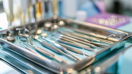 Dental Instruments Tray: A sterile metal or plastic tray designed to hold essential tools like probes, scalers, and forceps for dental procedures.
