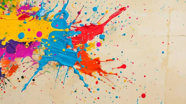 Colorful paint splatters on a beige background.