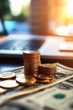 Stack of coins and dollar bills on a desk with a laptop, representing finance and investment concepts for business themes.
