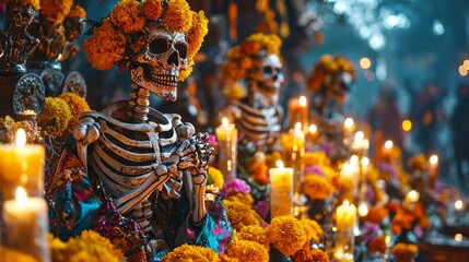 Colorful skeletons dressed in vibrant costumes, surrounded by marigold flowers and candles, celebrating ancestral offerings in an outdoor altar setting