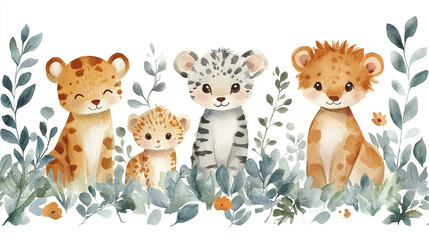 Obraz premium Whimsical illustration of four adorable baby big cats surrounded by lush foliage, perfect for playful designs and children's themes.